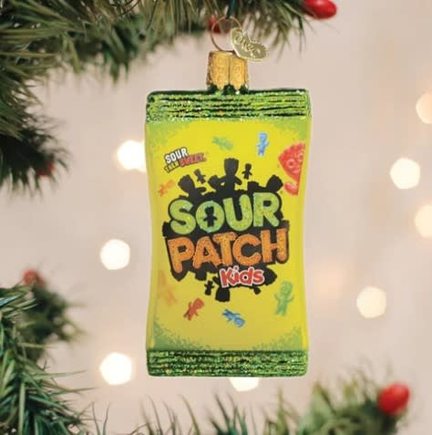 Red Sour Patch Kids character ornament with glossy finish