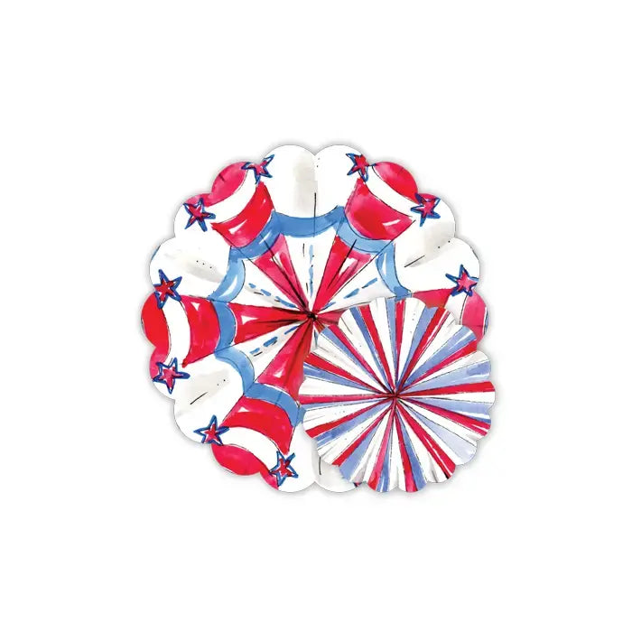 Set of handpatriotic pinwheel doilies in red, white, and blue with star patterns on large and small sizes.