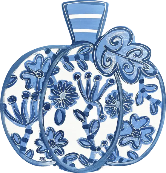 Door Hanger - Wood White Pumpkin With Blue Designs