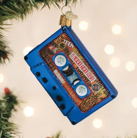 90s-themed ornament featuring a boom box with cassette tape graphic in retro colors.