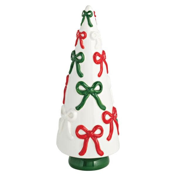 Small hand-painted stoneware ceramic tree with a delicate bow detail in neutral tones.