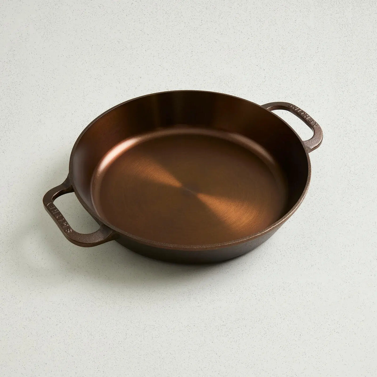 No. 12 Dual Handle Skillet with polished satin finish and two ergonomic handles