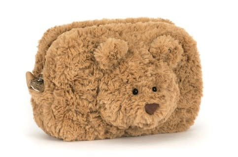 Bartholomew Bear plush pouch in cream polyester with cotton trim, featuring a seated teddy bear silhouette and hard eyes.
