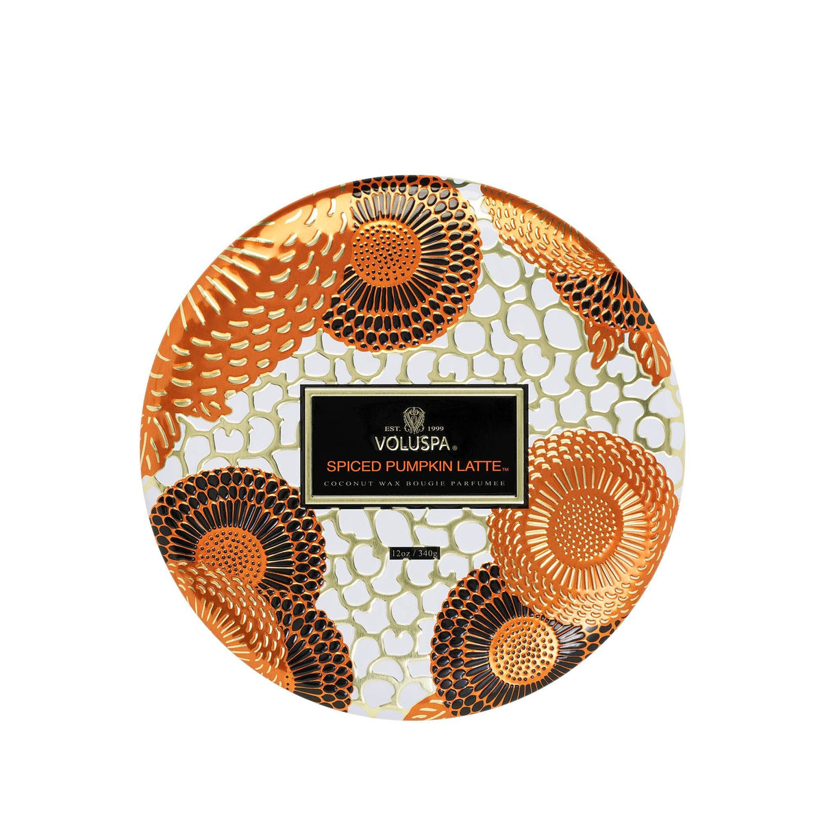Metal tin candle with Japonica pattern featuring three wicks in Spiced Pumpkin Latte scent.