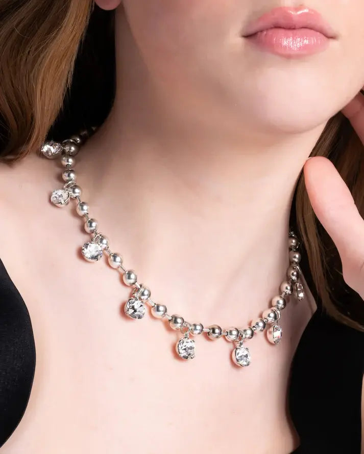 Silver fashion necklace with beads and rhinestones on an 8-inch chain.