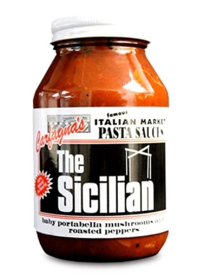 Quart jar of Sicilian Sauce with baby portabella mushrooms and roasted peppers.