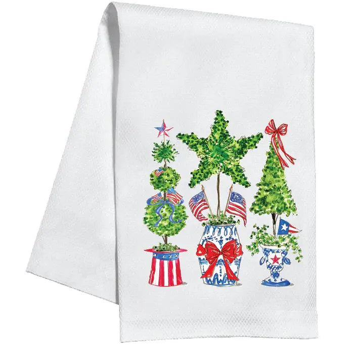 Black cotton kitchen towel with white text reading "Remember as Far as Anyone Knows We Are a Nice & Normal Family".