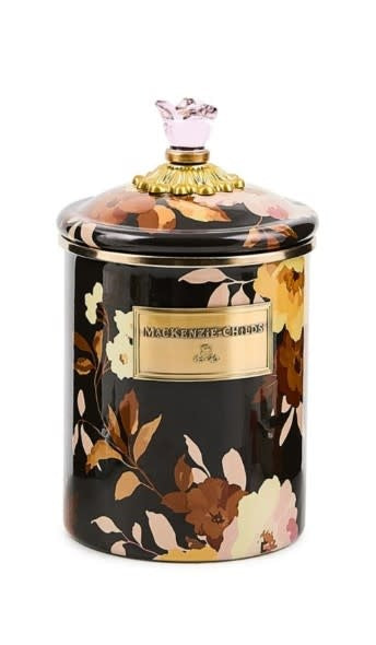 Hand-glazed steel canister in wild rose brown with bronzed stainless rim and glass finial lid.
