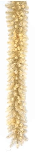 Nine-foot vintage white spruce tinsel garland with warm white micro LED lights and PVC tips.