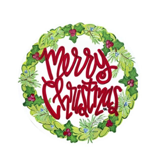 Wooden circular door hanger with 'Merry Christmas' text and a wreath silhouette