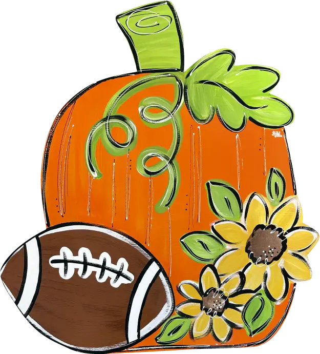 Wood door hanger featuring a pumpkin with football and sunflower silhouettes.