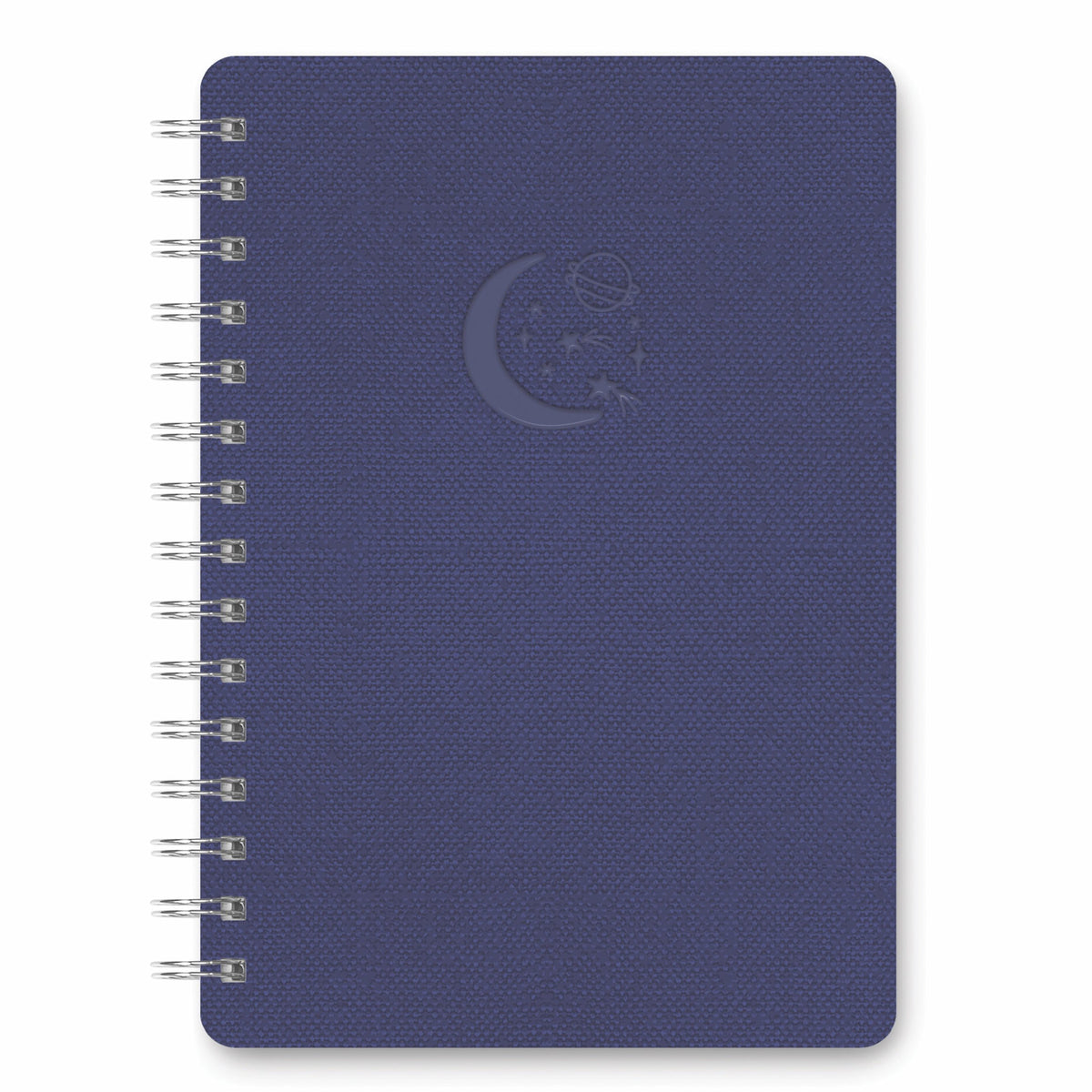 Navy debossed vegan notebook with rounded corners, wire-o binding, lined pages, and a double-sided storage pocket.