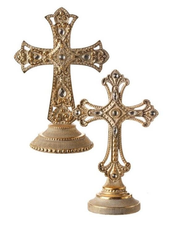 9-inch resin cross on base with jeweled accents in neutral tones