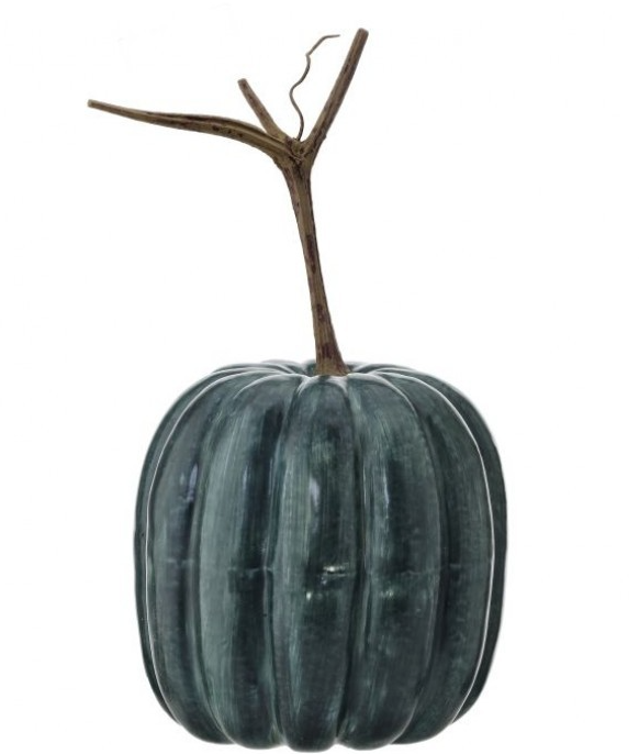 Blue latex pumpkin decoration measuring 7.5 inches by 6 inches with a realistic harvest vine silhouette.