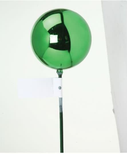 A shiny green 3.25-inch spherical ball ornament on a 15-inch garden stake.