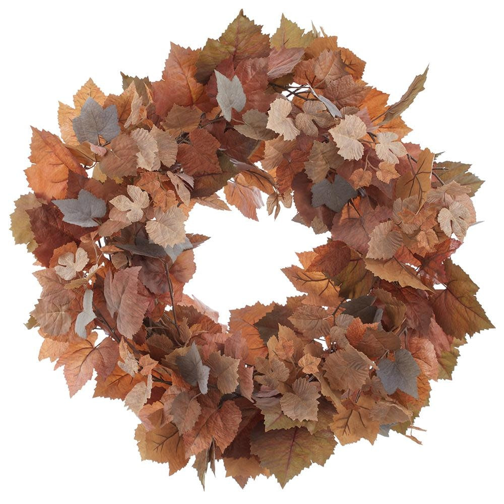 A circular wreath featuring natural multi-toned tan and brown maple leaves made from polyester plastic wire.