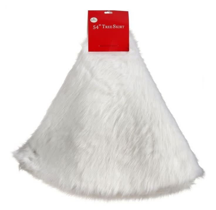 White faux fur tree skirt with a circular shape measuring 54 inches in diameter.
