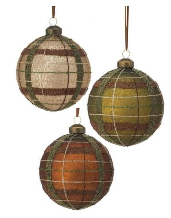Three 4-inch glass ball ornaments with a matte plaid pattern in cream, olive, and copper tones.