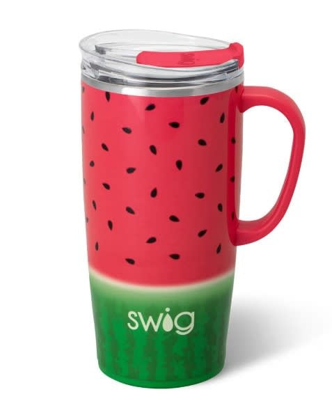 22oz insulated travel mug with watermelon ombre gradient pattern, plastic handle, and silicone base.