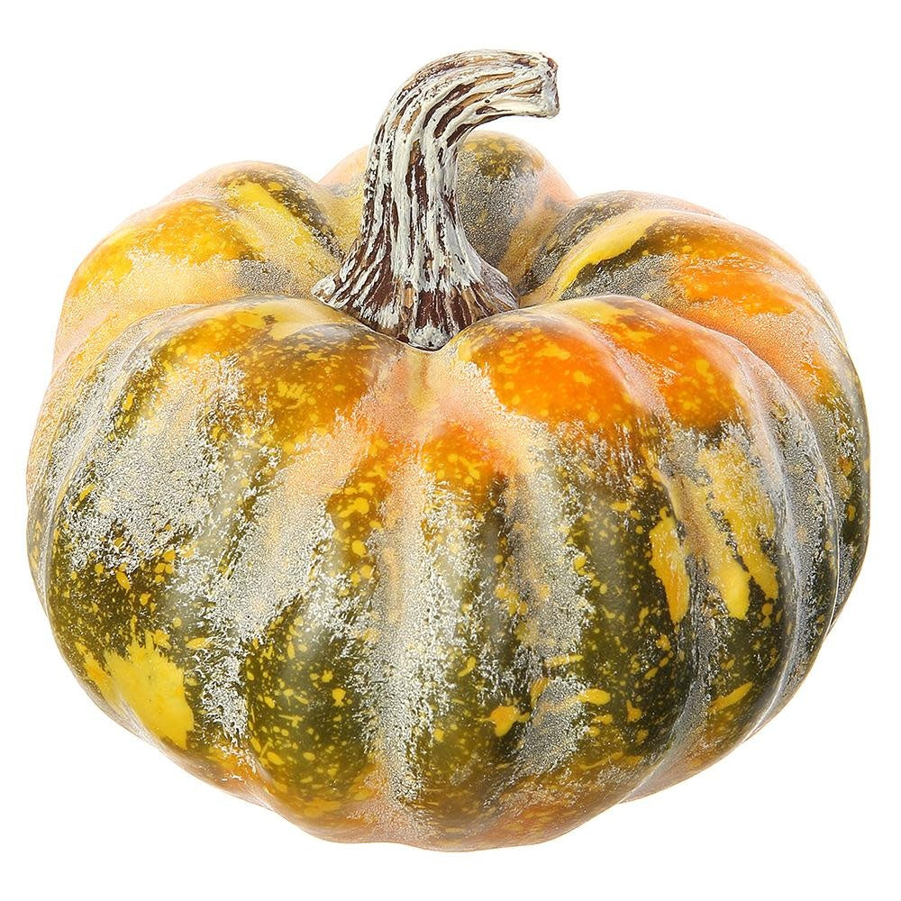 Artificial pumpkin with a natural orange finish, textured surface, classic round silhouette measuring approximately five and a half inches in diameter.