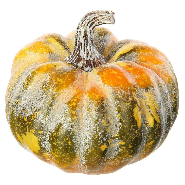 Artificial pumpkin with a natural orange finish, textured surface, classic round silhouette measuring approximately five and a half inches in diameter.