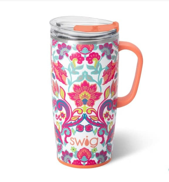 Flourish Travel Mug in glitter white with fire coral botanicals on aqua vines