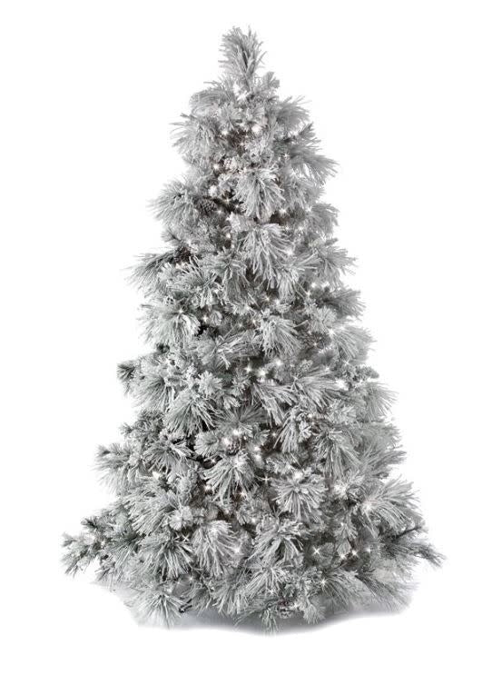 White flock artificial Christmas tree shaped like a bear mountain with integrated LED lights