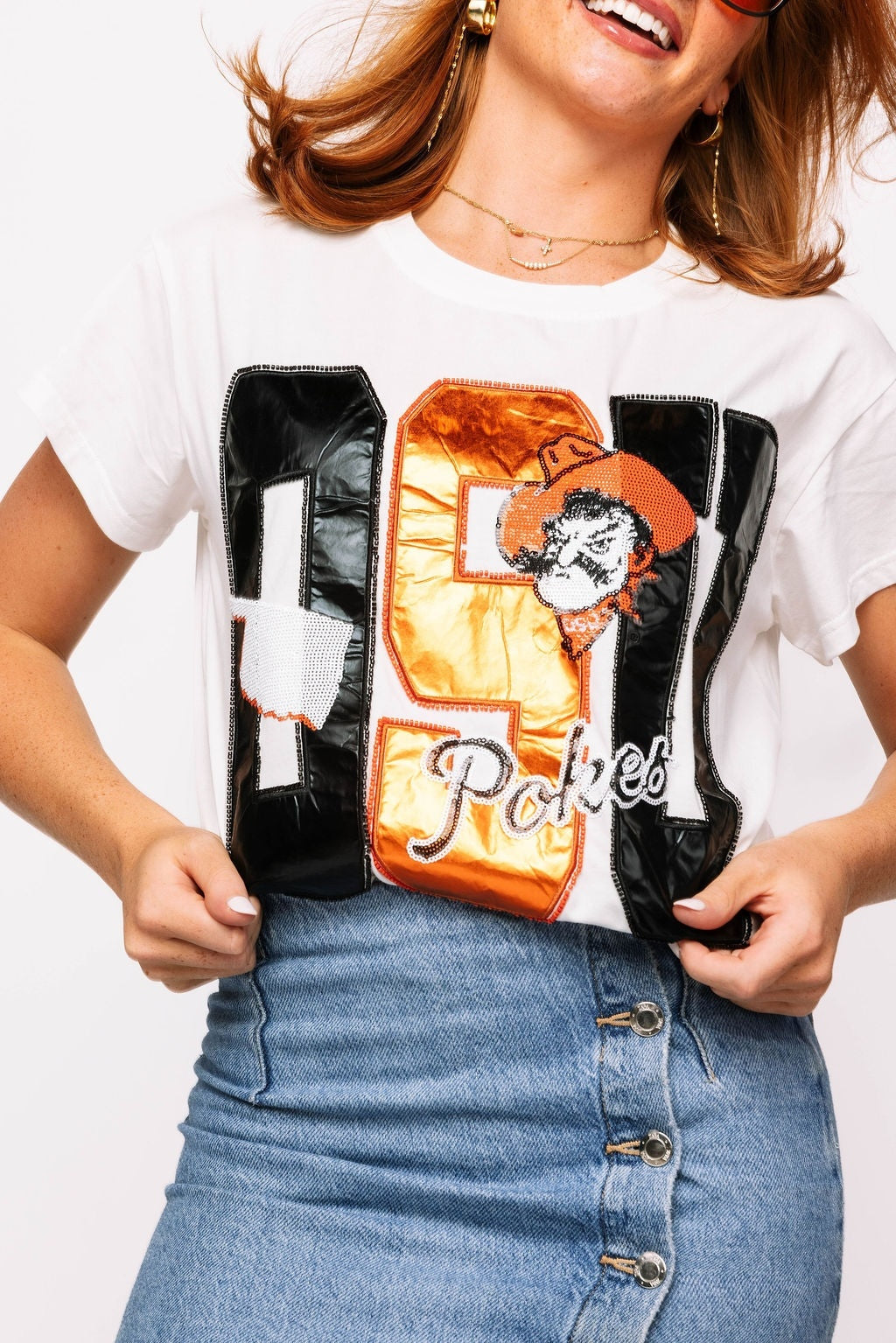 Alice Licensed Oklahoma State Metallic Word With Icons Tee