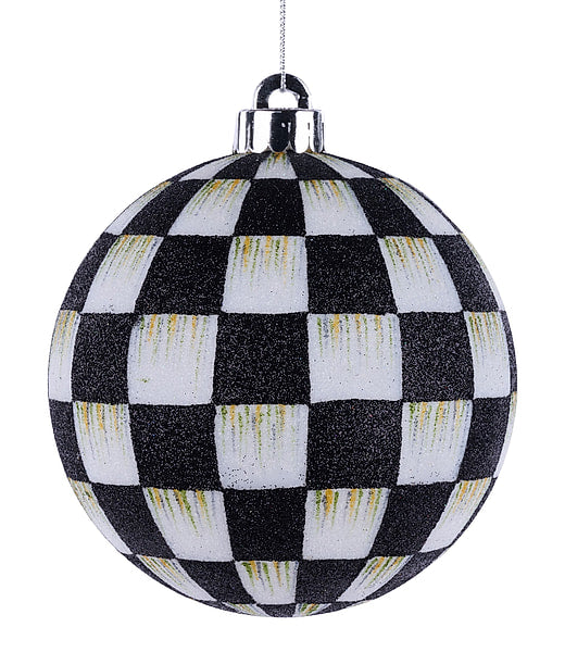120mm round Christmas ornament with a black and white glittered checkerboard pattern.