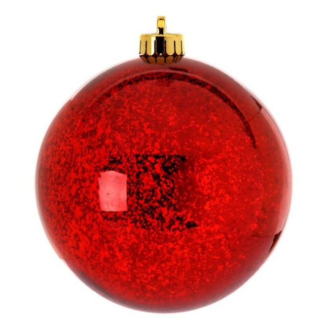 Set of four shiny red mercury glass vacuum plate ornaments with a spherical shape.