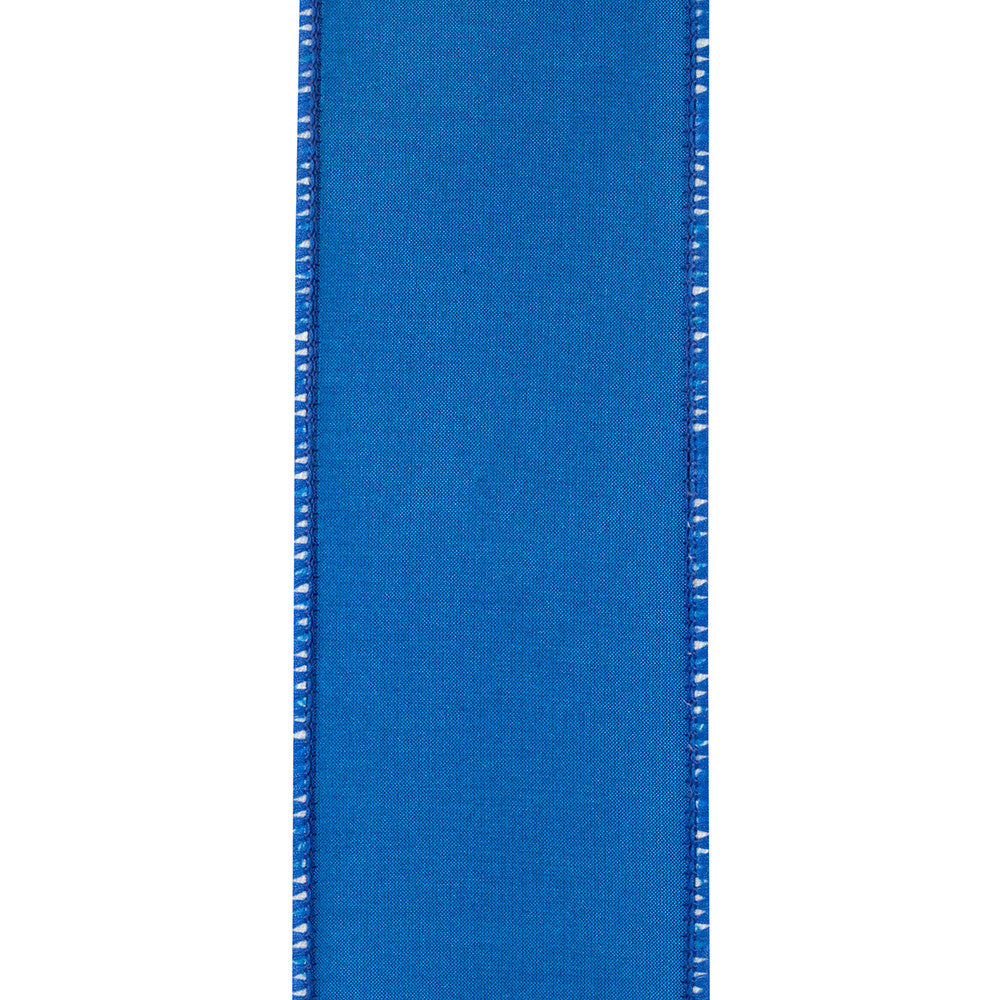 Blue wired edge twill ribbon with chinoiserie floral print on dupioni backing