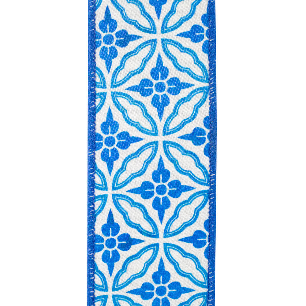 Blue wired-edge twill ribbon with chinoiserie floral print on dupioni backing