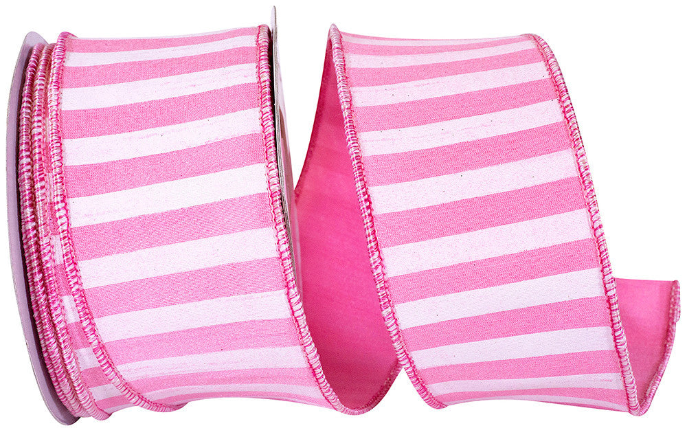 Pink wired dupioni ribbon with horizontal cabana stripes