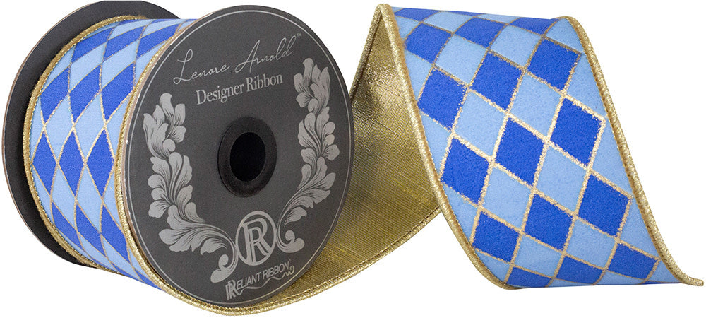 Two-and-a-half-inch wide ribbon with a metallic outline border, deluxe wired edge, and diamond pattern on polyester fabric.