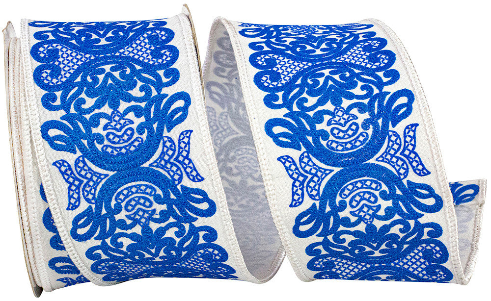 White dupioni wired ribbon with blue Chinoiserie filigree pattern