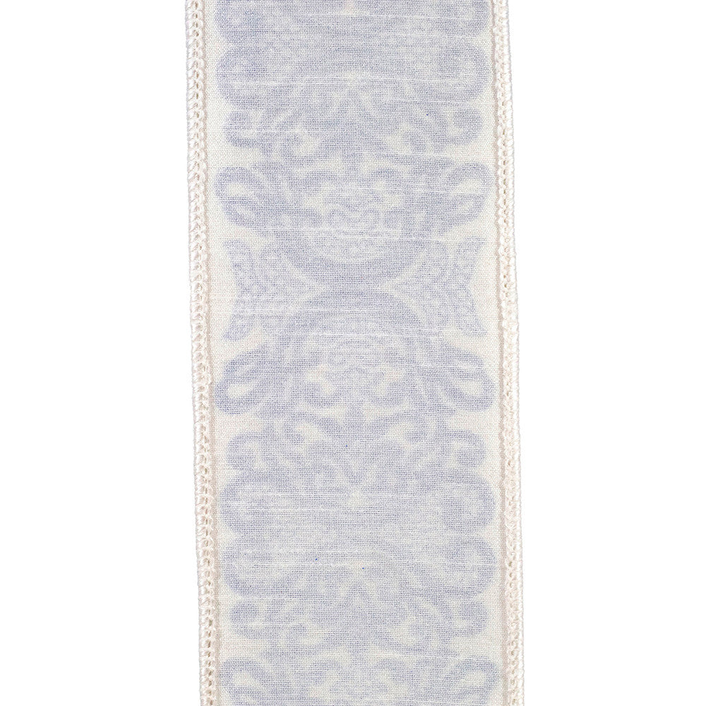 White wired dupioni ribbon with blue Chinoiserie filigree pattern