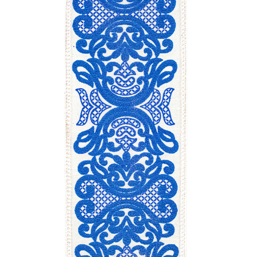 White dupioni wired ribbon with blue Chinoiserie filigree pattern