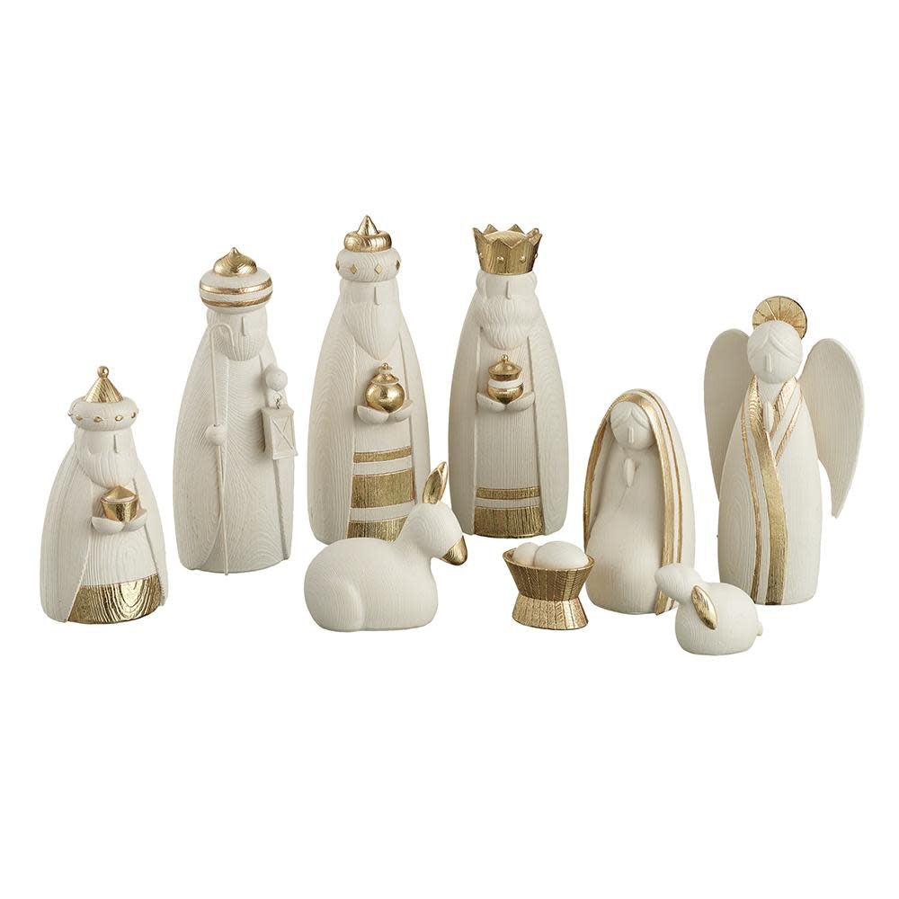 Beige gold resin nativity figurine set with white accents