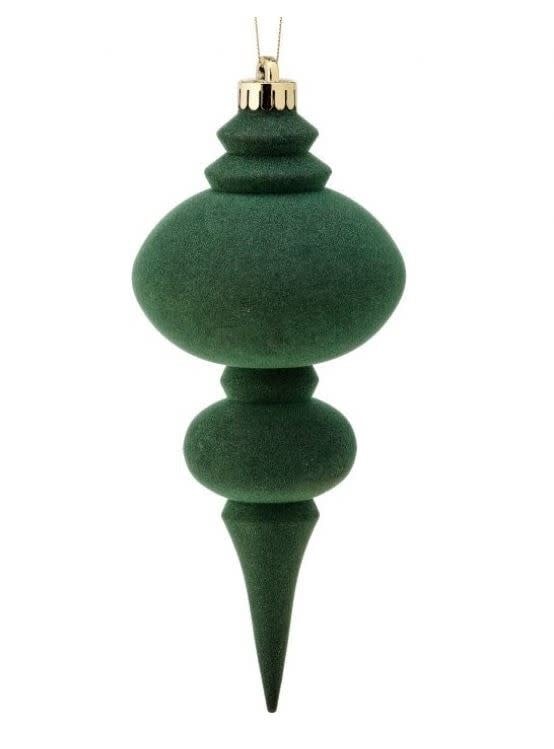 10-inch dark green frosted finial Christmas ornament with a textured finish and gold cap.