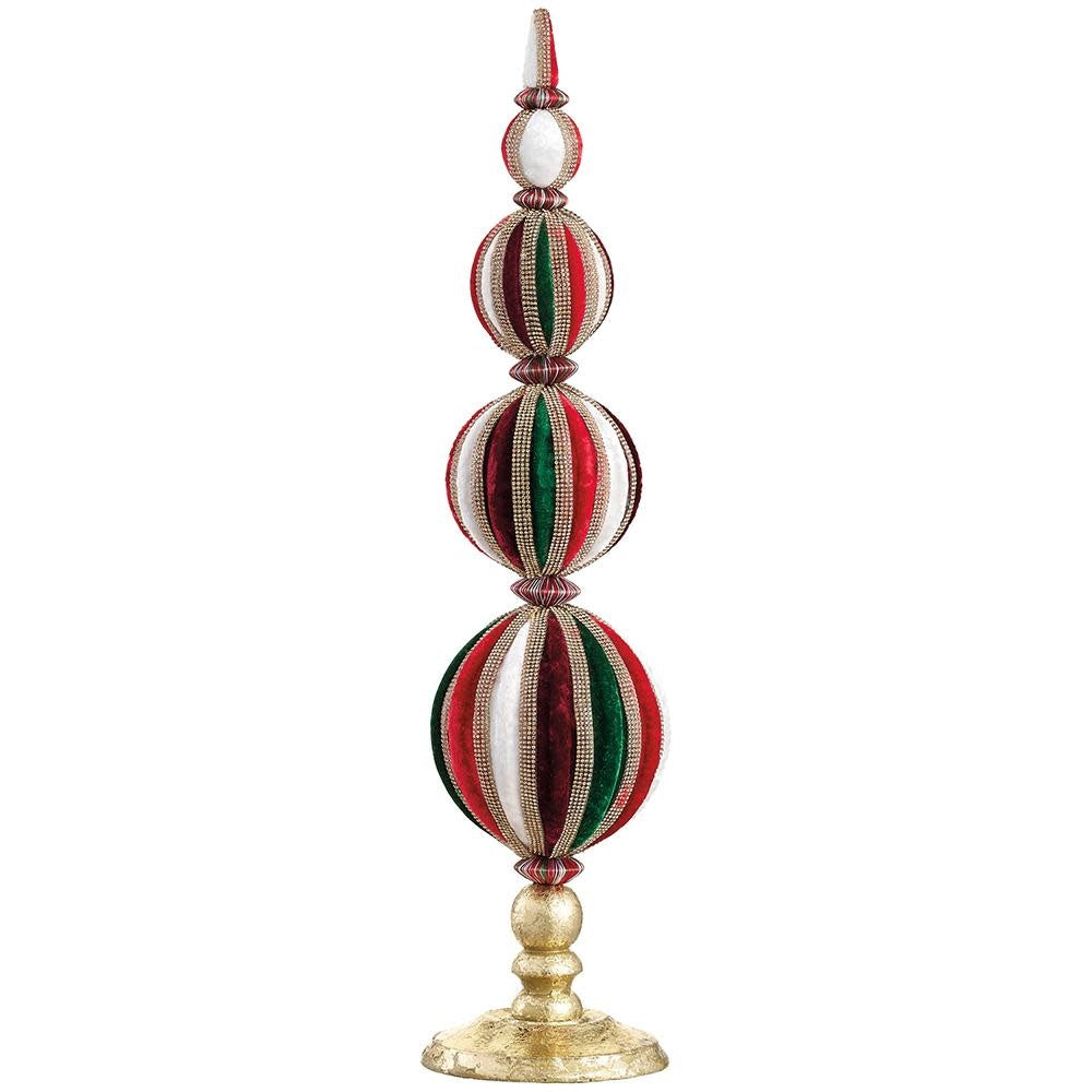 A 20-inch red diamond-patterned velvet ball table top with green accents.
