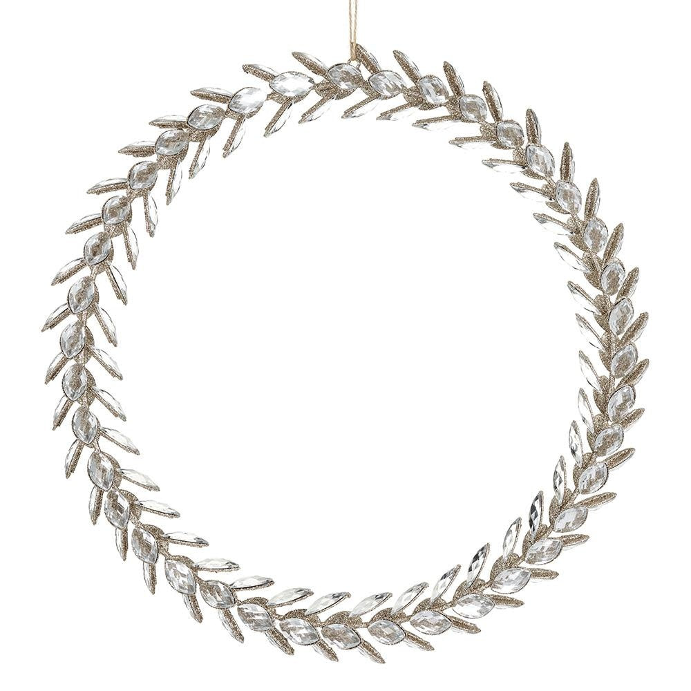 Clear gold glittered rhinestone wreath with a circular silhouette.