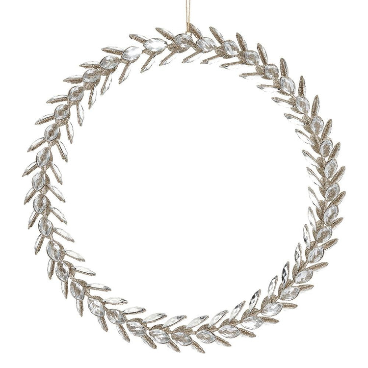 Clear gold glittered rhinestone wreath with a circular silhouette.