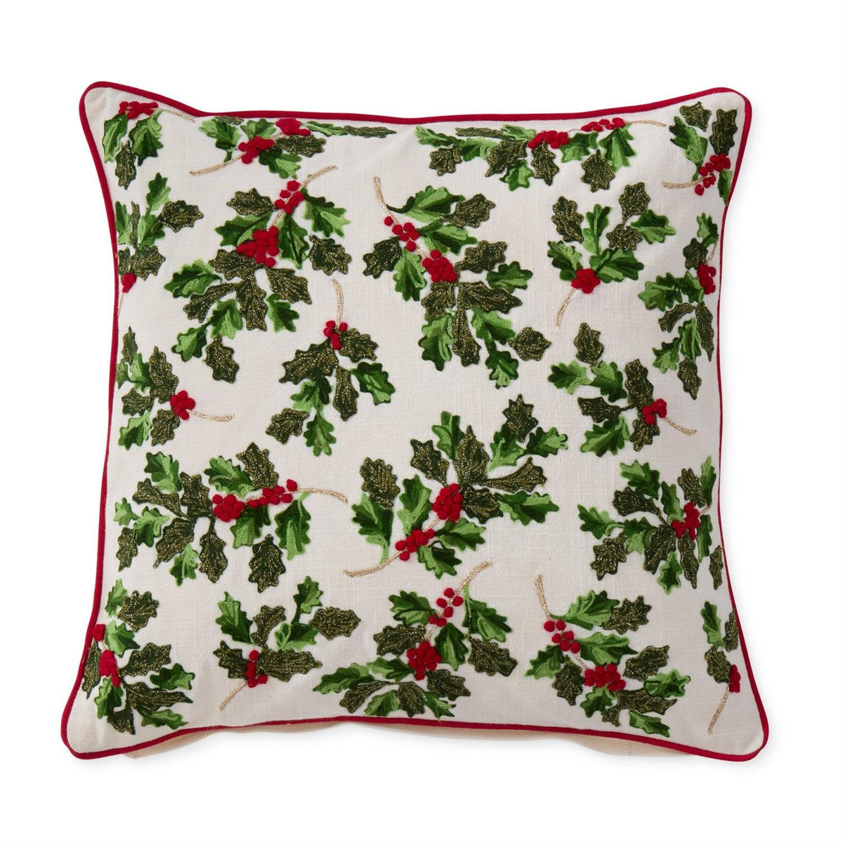 Cream cotton square pillow featuring a festive holly leaves and berries pattern.