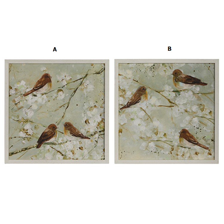 Framed print showing a branch with small wrens in earth tones on wood and glass.