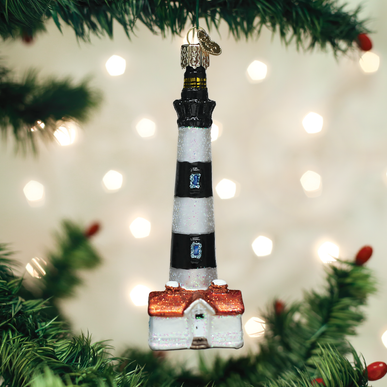 Bodie Island Lighthouse ornament in red brick with white trim and black lantern room.