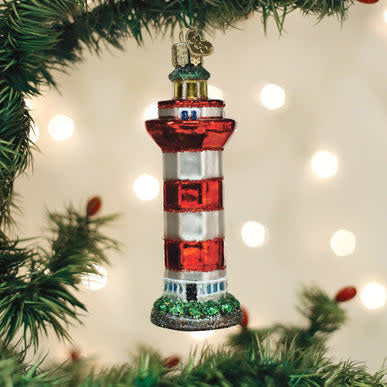 Red and white striped lighthouse ornament with observation deck detail