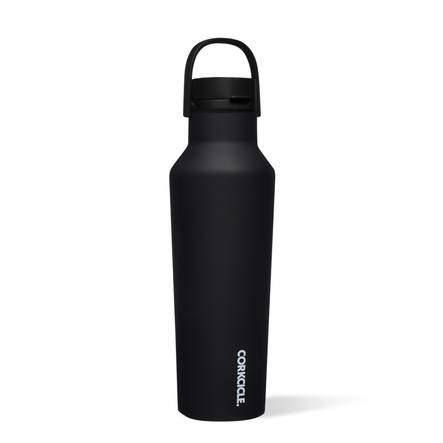 A black triple-insulated canteen water bottle with a folding handle and wide mouth.