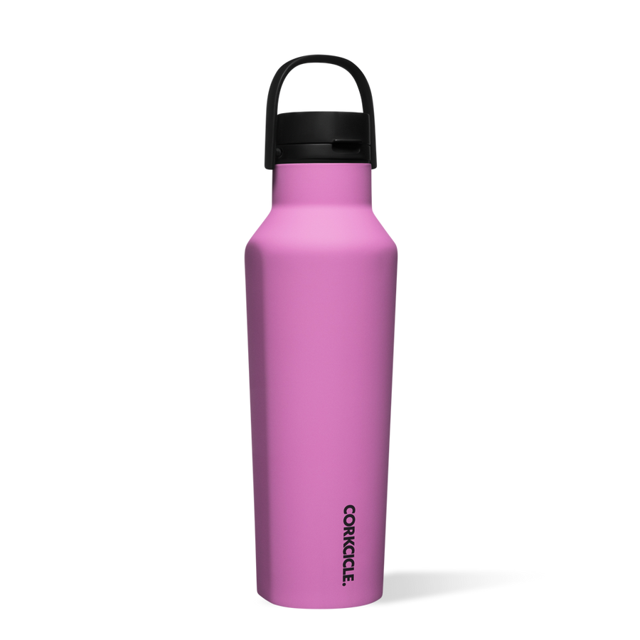 Pink 32oz Sport Canteen water bottle with a black lid and folding handle.