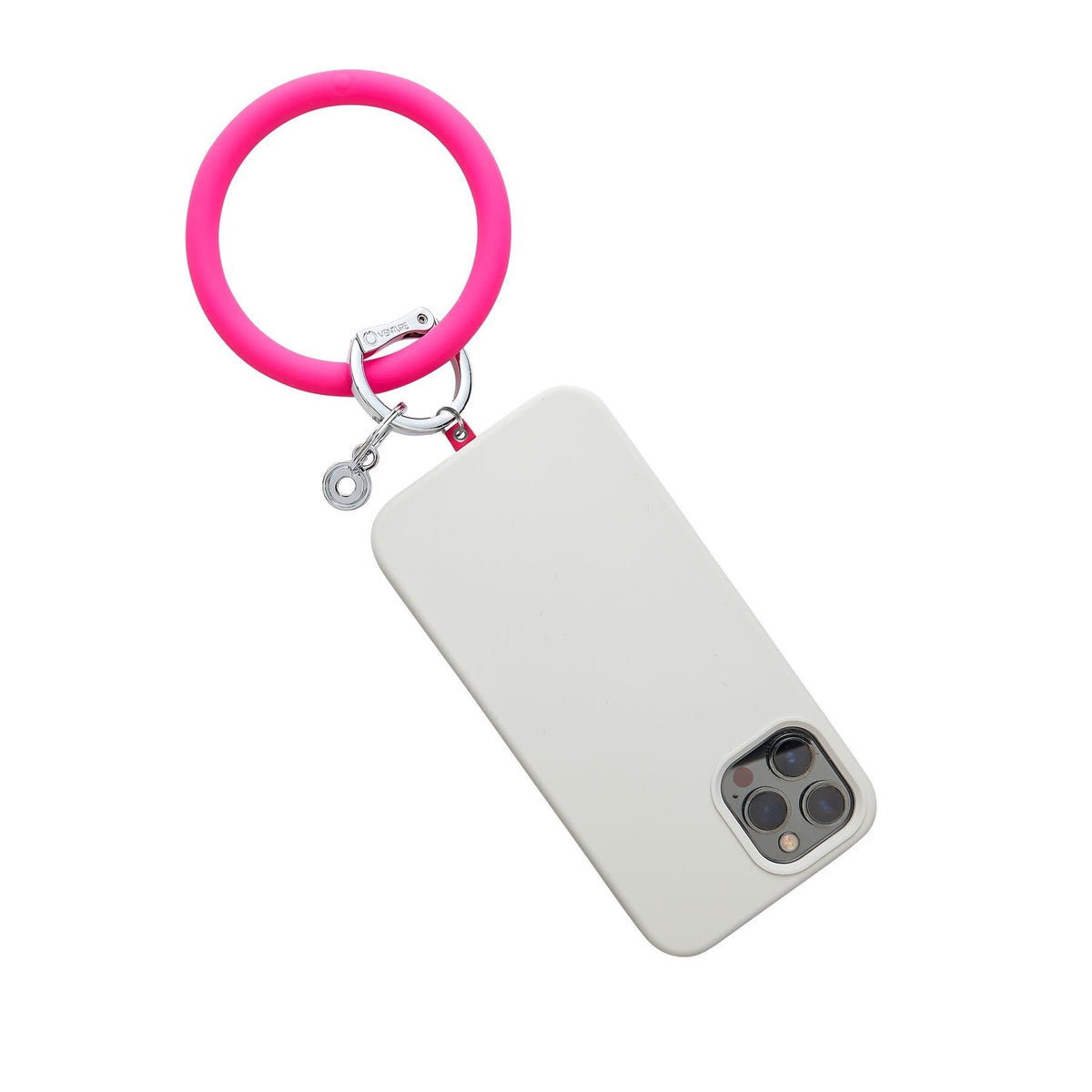 Pink to orange gradient phone case clip with silver hardware converting into a Big O Key Ring add-on.