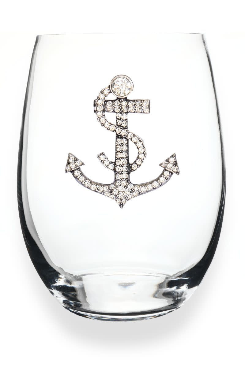 Clear stemless wine glass with jeweled embellishments around the rim